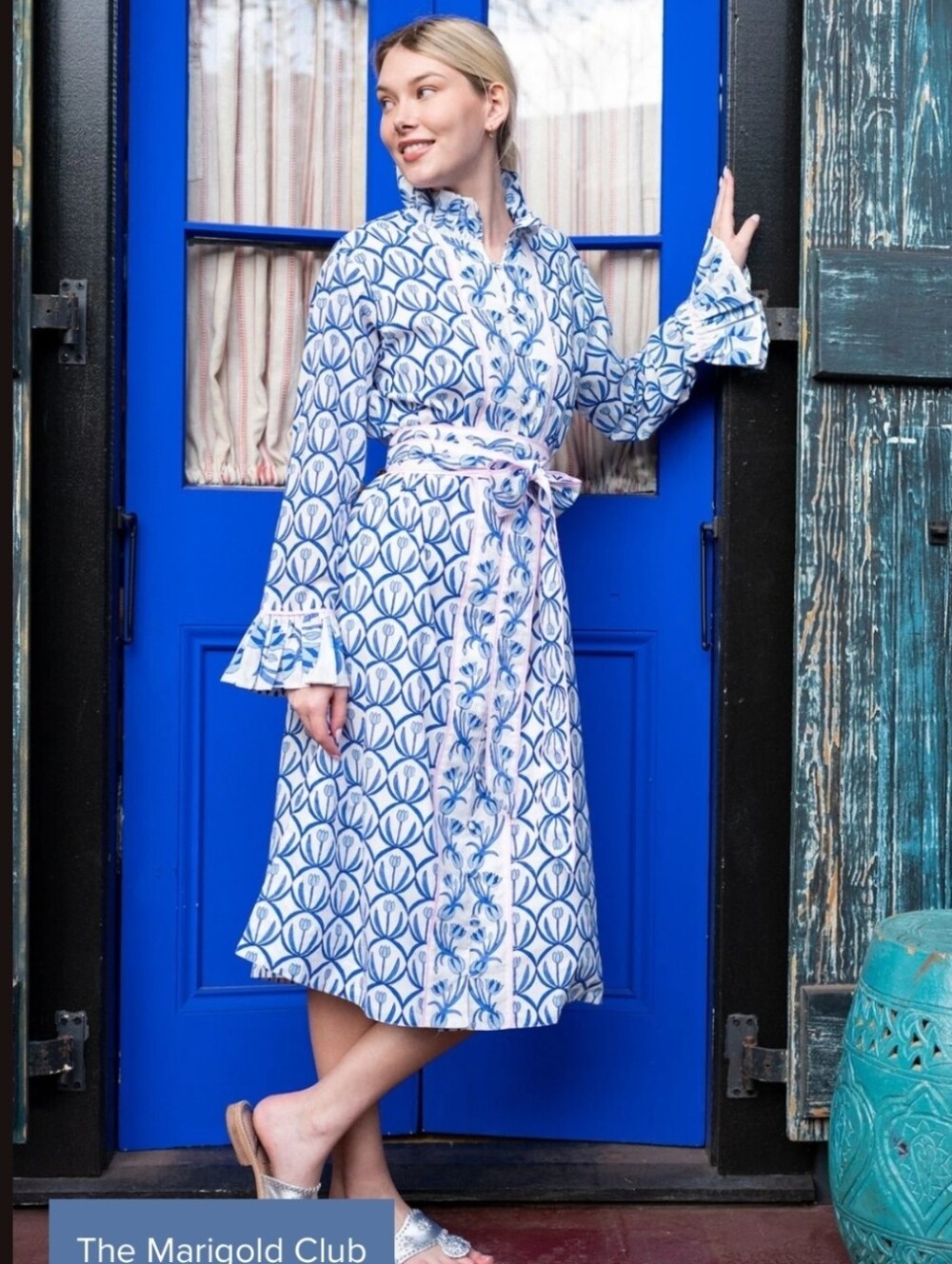 Sue Sartor Montalcino Midi dress featuring a Cerulean Tulip block print